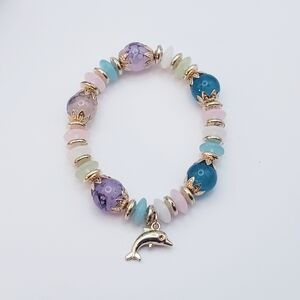 Multicolor Beaded Stretchy Bracelet with Gold Dolphin Charm